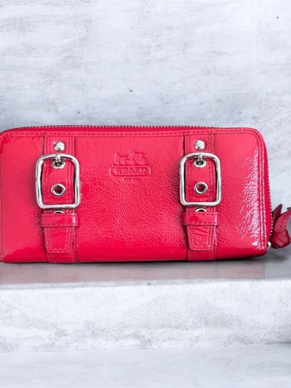 Coach Patent Leather Soho Zoe Zip Wallet Bright Pink Silver Hardware